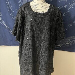 Candlelight & Champagne Black Beaded Lace Evening Top – XL